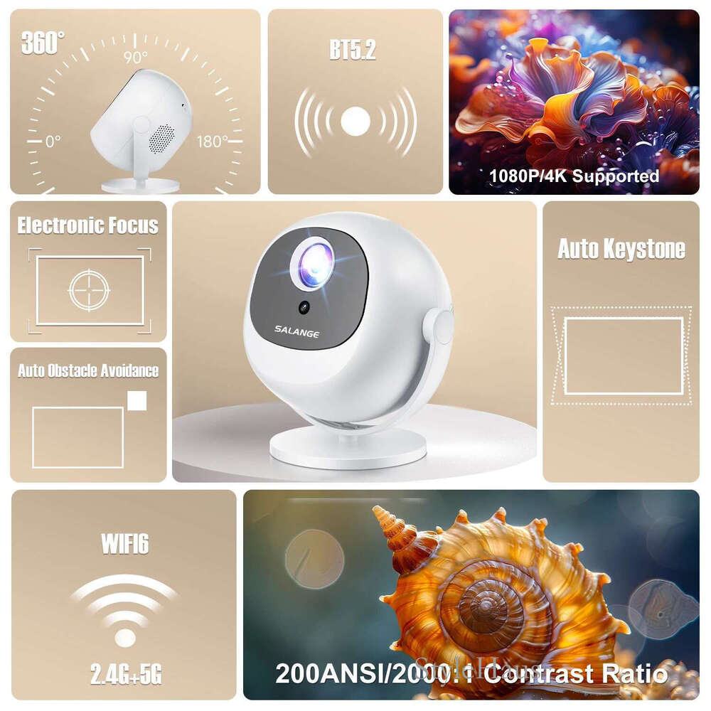 Salange P360 Projector 4K Video Android11 5GWifi Allwinner H713 200ANSI BT5.2 720P Outdoor 360 Rotate Home Cinema Auto Keystone