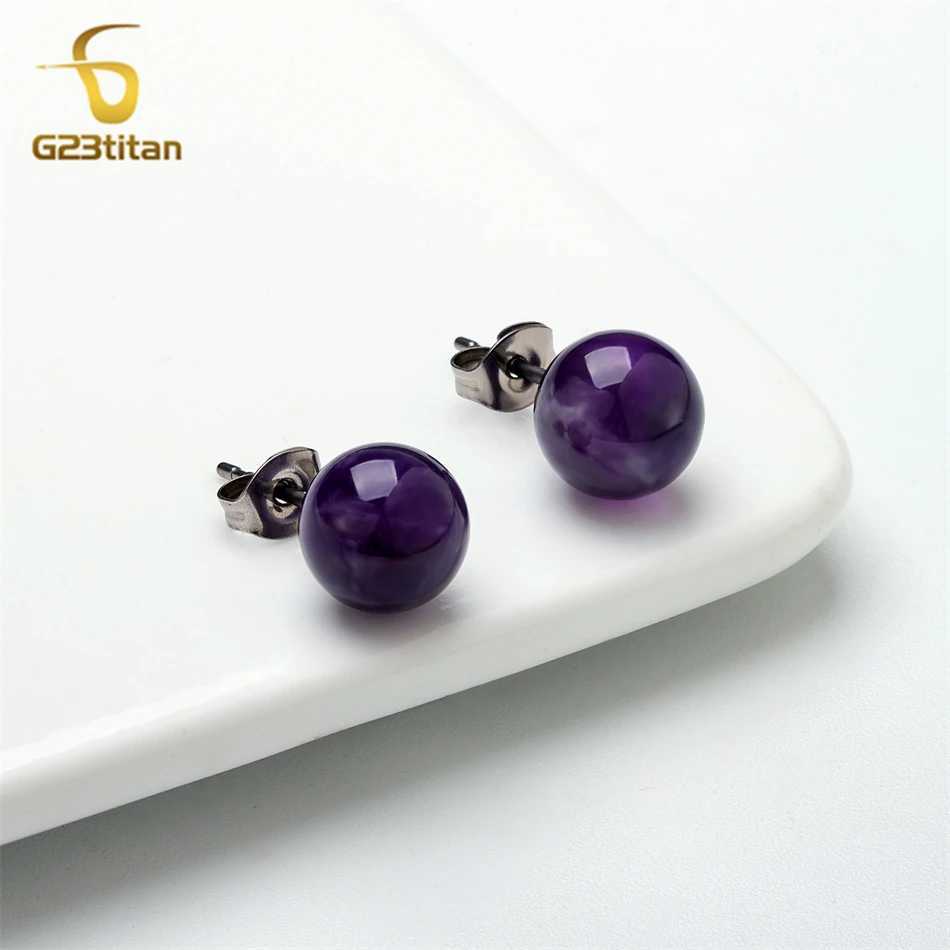 Semi Precious Stone Earrings Natural Purple Amethyst Ball Medical Titanium Earrings Women Ear Piercing Stud Fashion Jewelry Gift C251103
