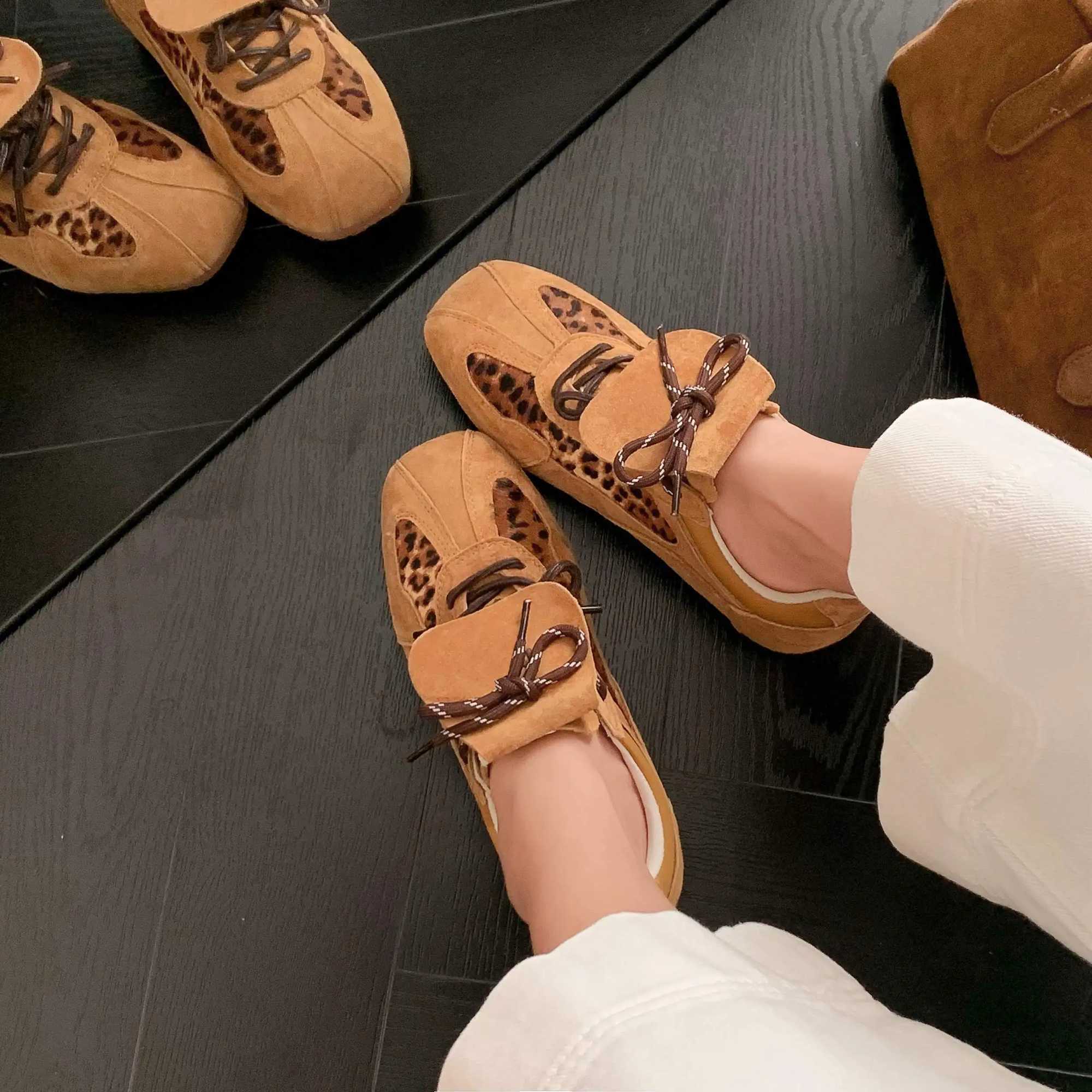 Lanxuryee Cow Suede Horsehair Leopard Spring Autumn Shoes Lace Up Sneakers Butterfly-knot Elegant Casual Women Vulcanized ShoesC250402