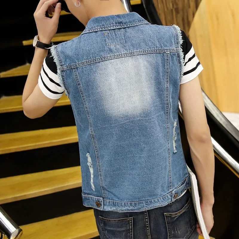 Men Ripped Denim Waistcoats Vests Jackets Light Blue Holes Denim Coats Vests New Fashion Male Cotton Slim Jeans Waistcoats 6XL X250403