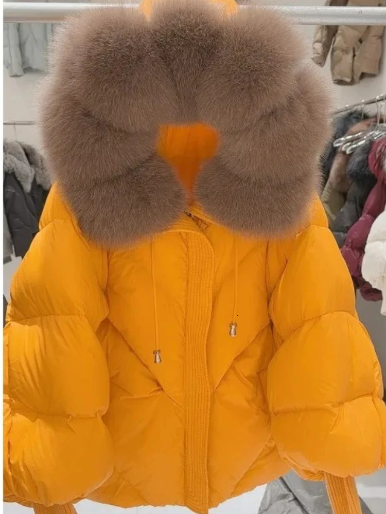 Down Coat Winter Large Real Fur Hooded Puffer Jacket Women Thick Fox Warm Knitted Sleeve White Duck Parka 251103