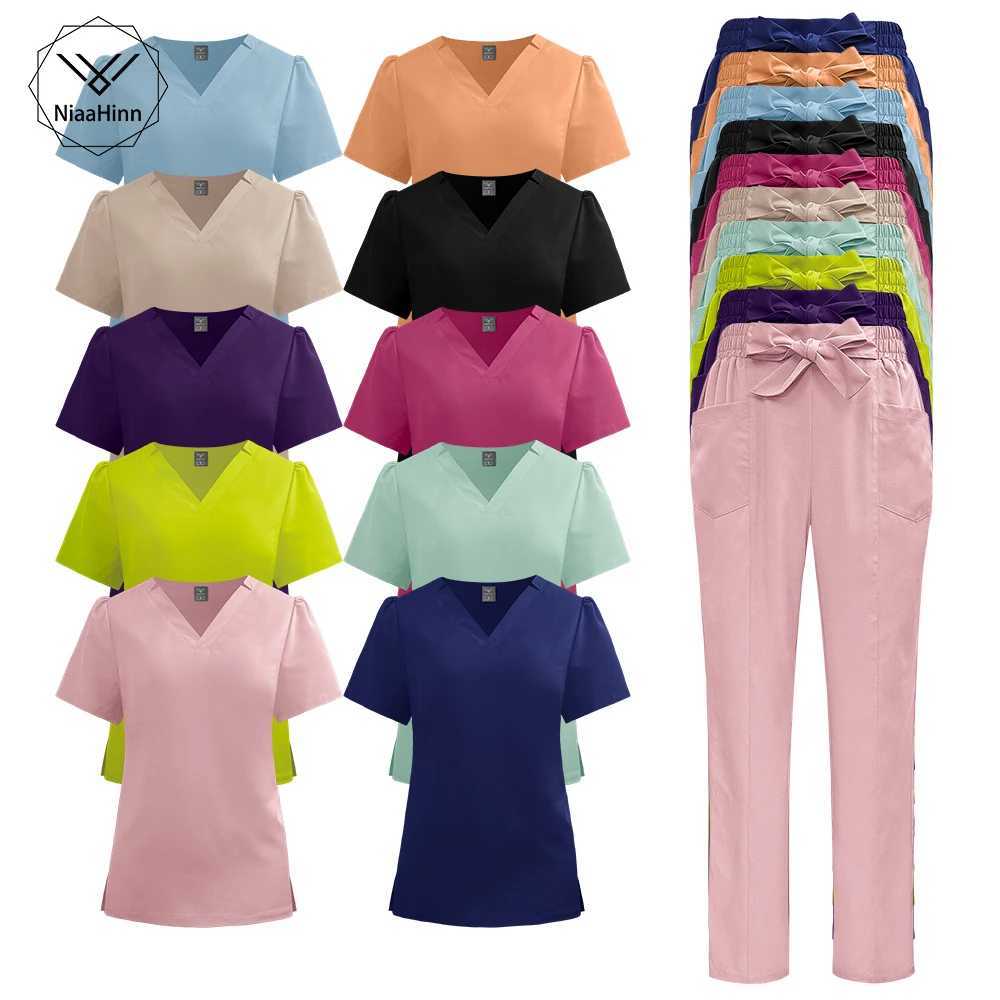 Niaahinn Nursing Spandex Hospital Uniforms VNeck Straight Pant Medical Scrub Set Fashion Scrubs Clinical Uniform Woman Workwear J251103
