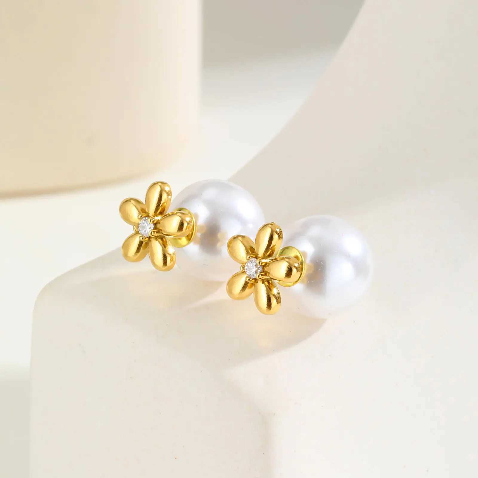 Zircon Flower Imitation Pearl Earrings for Women Stainless Steel Gold Plated Stud Earrings Fashion Waterproof Daily Jewelry C251103