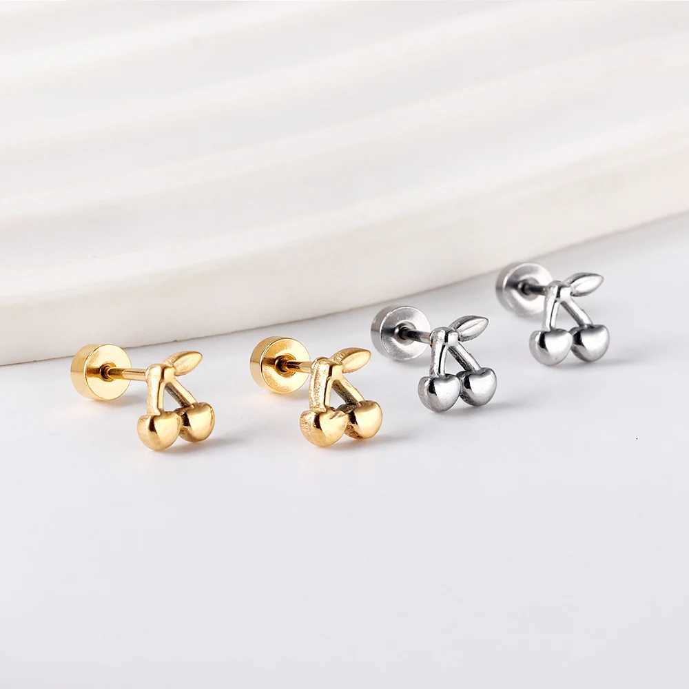 LUXUKISSKIDS Small Ear Jewelry Hexagram Star Stud Earring Surgical Steel Piercing For WomanGirl Cherry Heart Gold Plated C251103