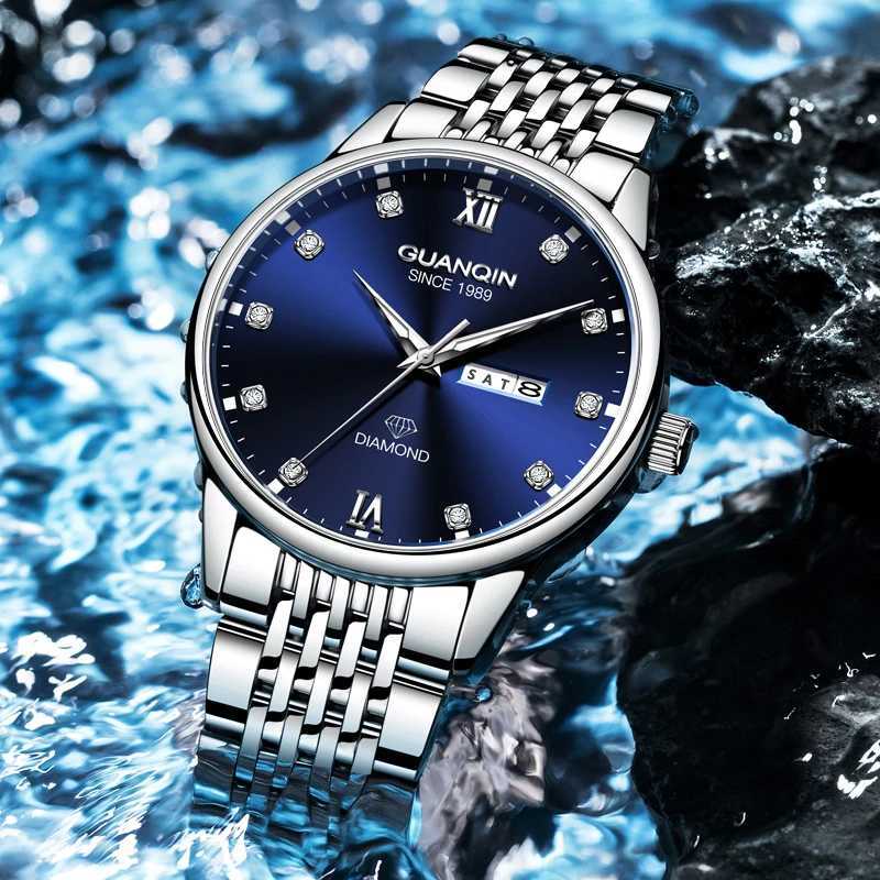 GUANQIN Luxury Men Quartz Watch Stainless Steel Alloy Case Dual-Language Date Business Leisure 30M Waterproof Luminous WatchesW251104