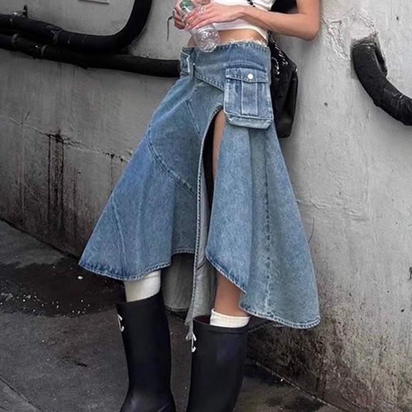 American Niche Design Slit Workwear Skirt for Women Hot Girl Fashion Versatile Irregular Denim Midi Skirt 250515Z