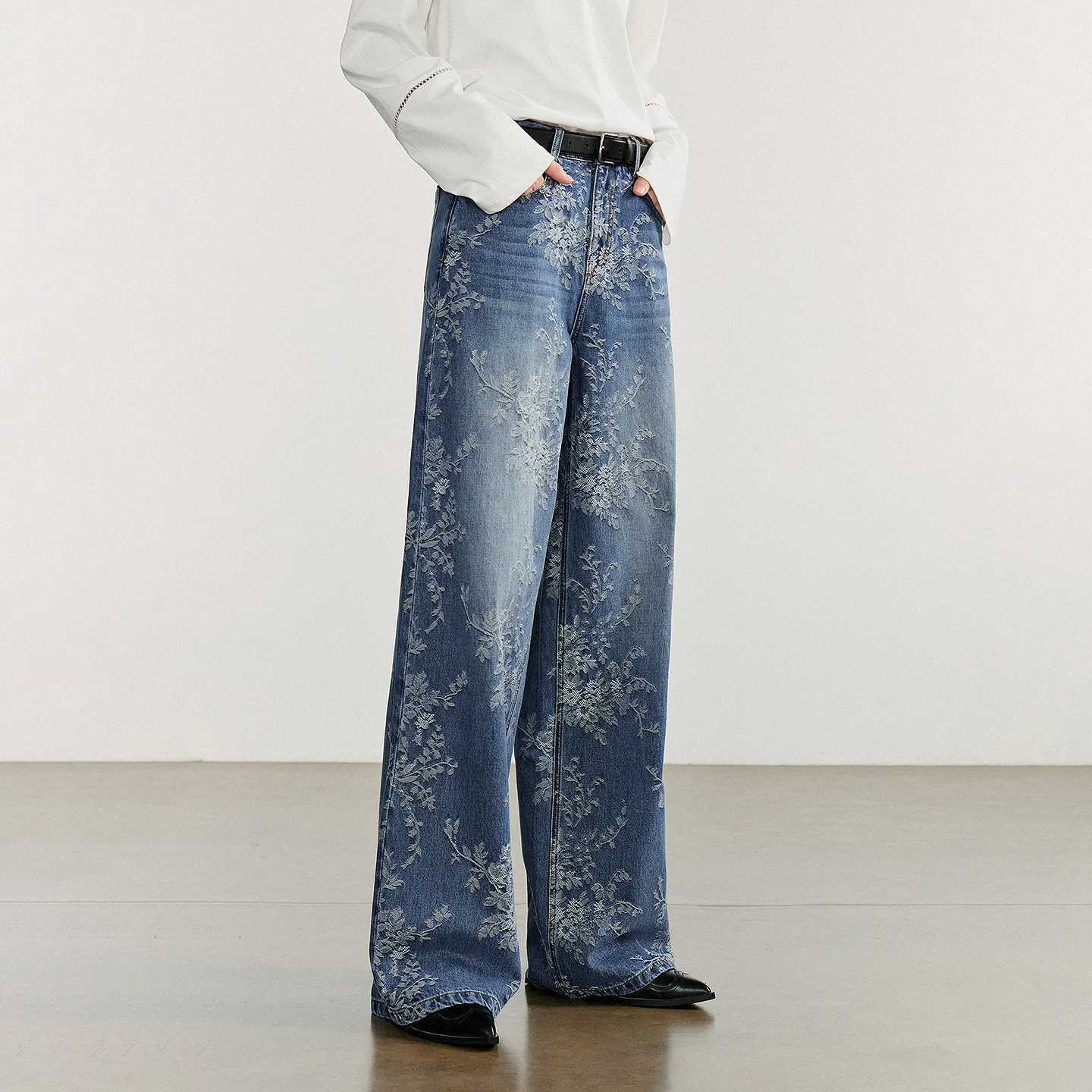 TOYOUTH Women Denim Pants 2025 Autumn New Cotton Jacquard Wide Leg Straight Full Length Cowboy Pants J2510311