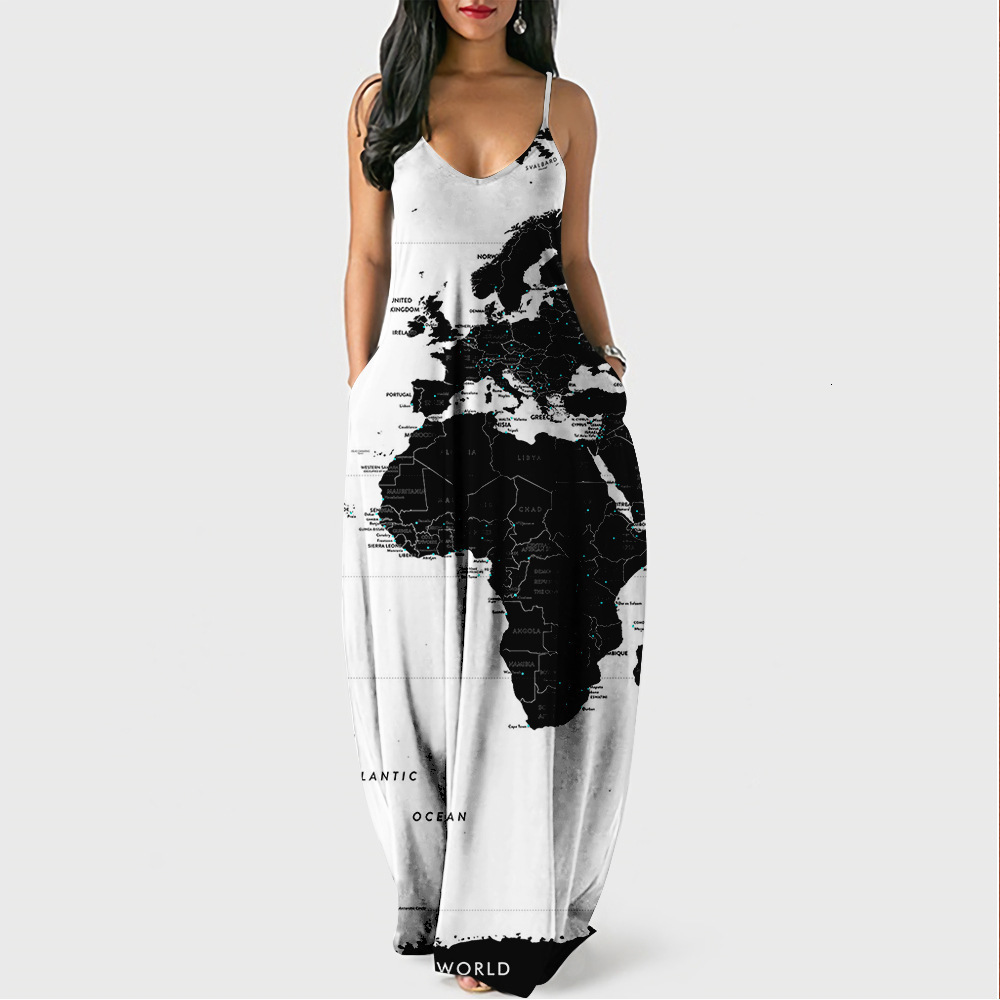 2022 New Summer Cool Style Strap Long Dress Map Digital Print Elegant Street Dress 230330