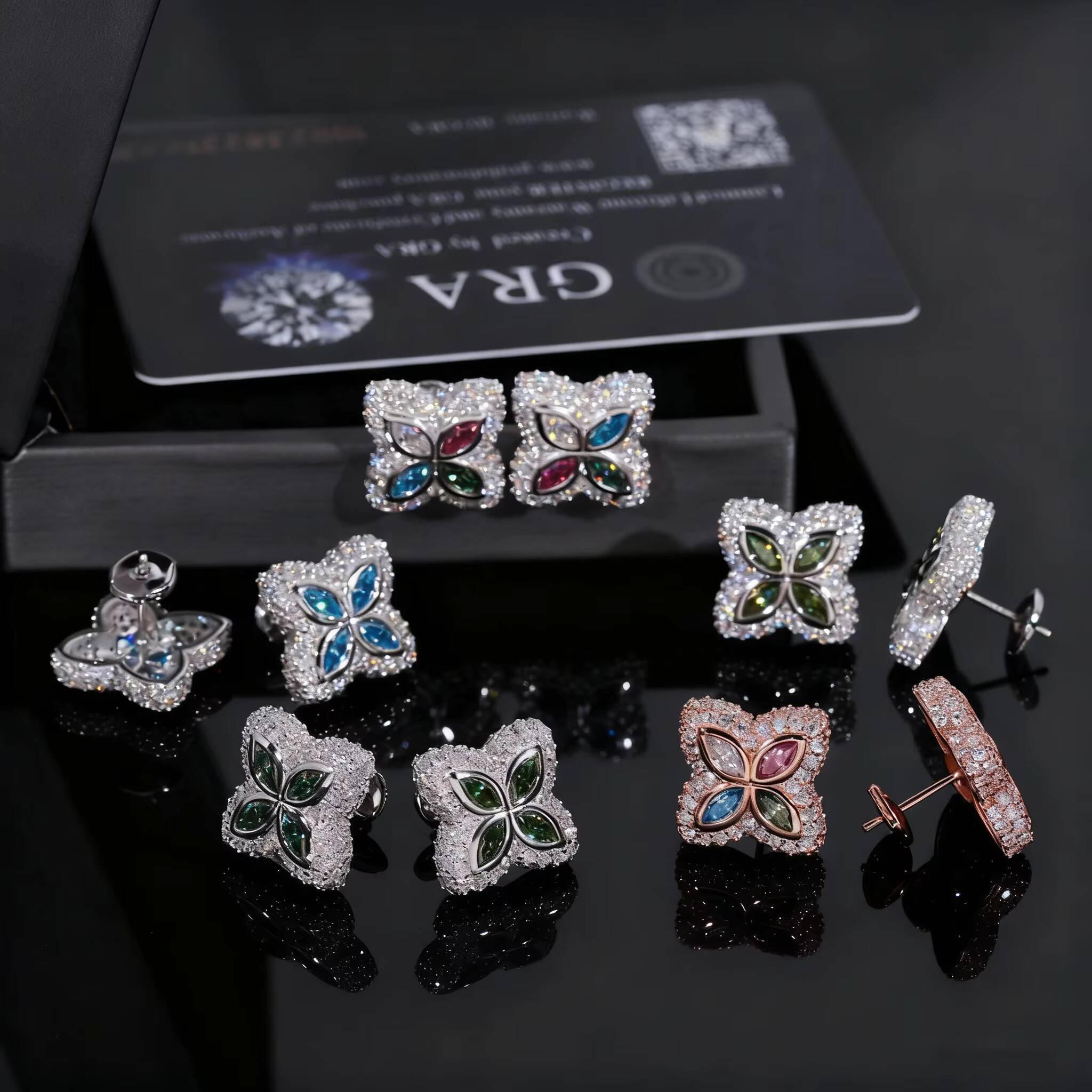 Custom 925 Sterling Silver Colorful Iced Out VVS Moissanite Fourleaf Clover Hip Hop Stud Earrings Pass Diamond Test Men Women