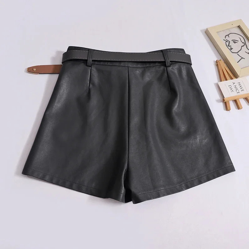 Womens PU leather autumn shorts with belt fashionable high waisted firstline office casual loose womens straight pants 250402m