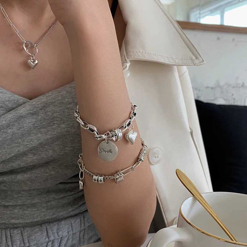 Ventilate 925 sterling silver Thai silver bracelet for women retro geometric heart love luck punk jewelry 2023 new straight chain Y250329