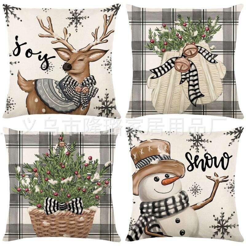 New Christmas Throw Pillow Cushion Home Decor Short Plush Linen Printed Pillowcase A set of four pieces