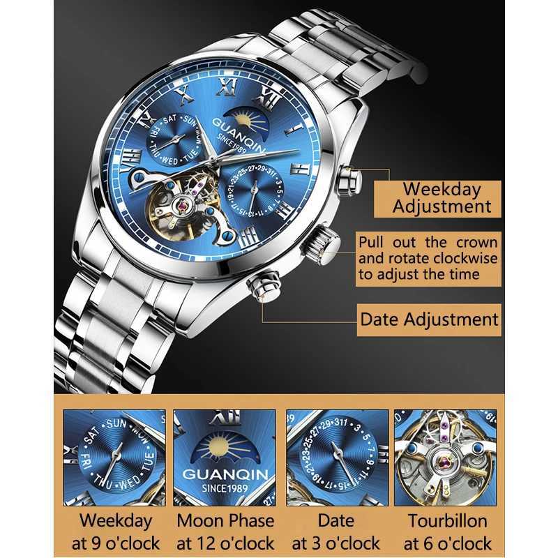 GUANQIN Mens Watches Luxury Automatic Mechanical Watch Tourbillon Luminous Mineral 30M Waterproof Business Leisure WristwatchW251104