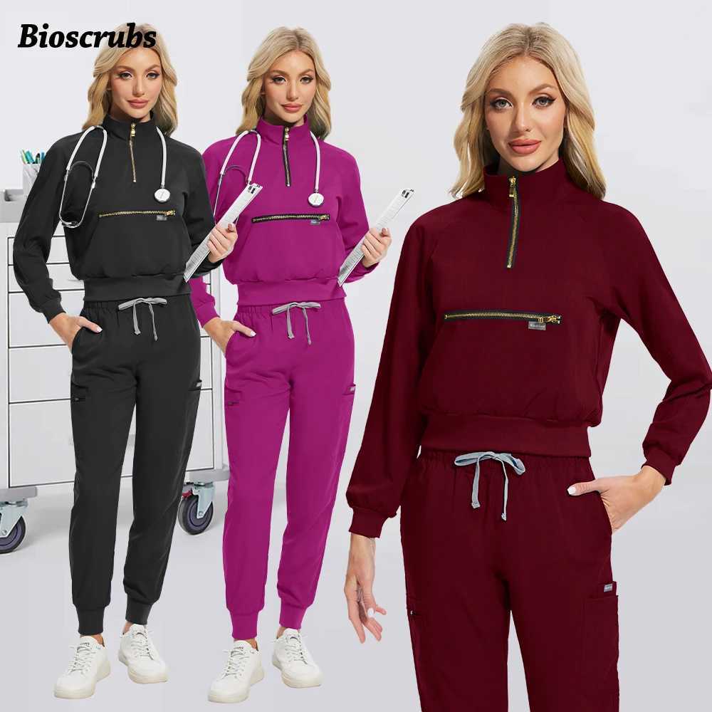 Anesthesiologist Workwear Hospital Surgical Uniforms Woman Medical Nursing Set Long Sleeve Top Pockets Pants Clinical Nurse Suit J251103