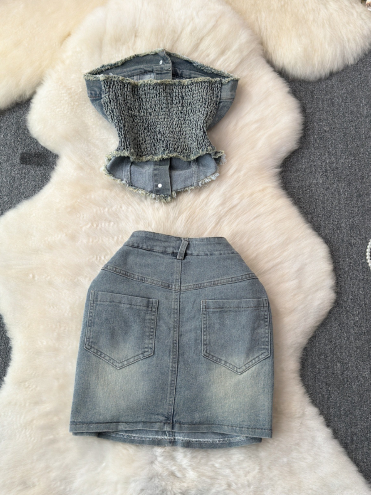 Two Piece Dress SINGREINY Off Shoulder Retro Women Denim Sets Ruffled Irregular Slim TopsShort Skirts Fashion Y2K Spring Two Pieces Suits 230421