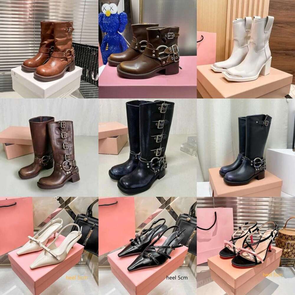 Boots Harness Belt Buckled cowhide leather Biker Knee chunky heel zip Knight boots Fashion square toe Ankle Booties for women luxury designer shoes factory