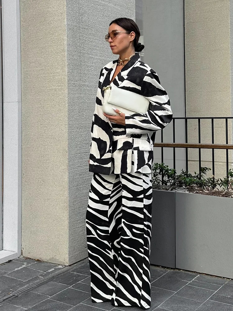 HH Women Suit Zebra Stripes Pocket Single Deduction Decorate TurnDown Collar Blazer JacketZipper Casual WideLeg Pants251027