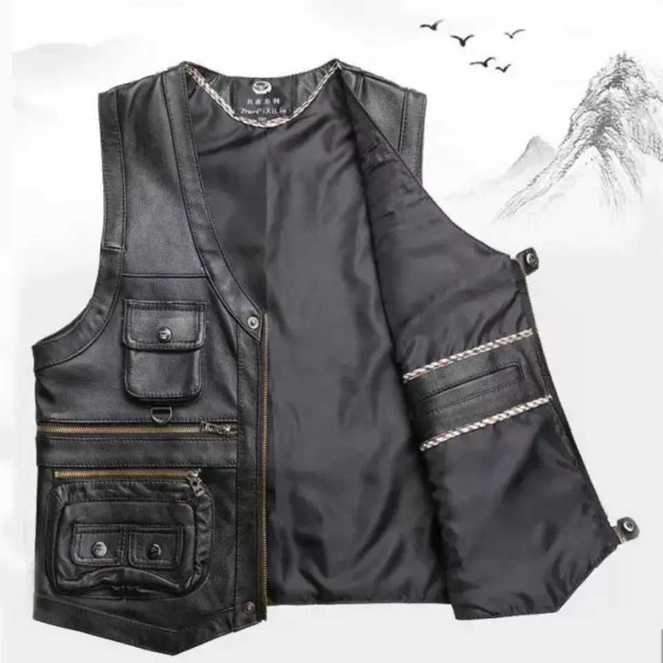 2024 Cowhide Genuine Leather Man Vest Waistcoat Male clothing Jacket Thick Motorcycle Multi Pocket leather biker Men safety vest X250403