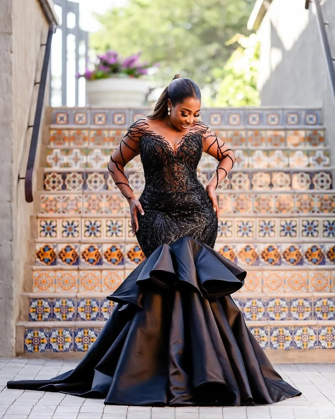 Black Mermaid Prom Dresses Sheer Jewel Neck Illusion Full Sleeves Sequined Appliqued Evening Gowns Plus Size African Girls Special Occasion Robes de s