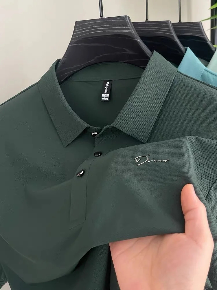 Boutique Short sleeved Mens Polo Shirt Summer Fashion Ice Silk Elastic Top Comfortable Business T-shirt 250402