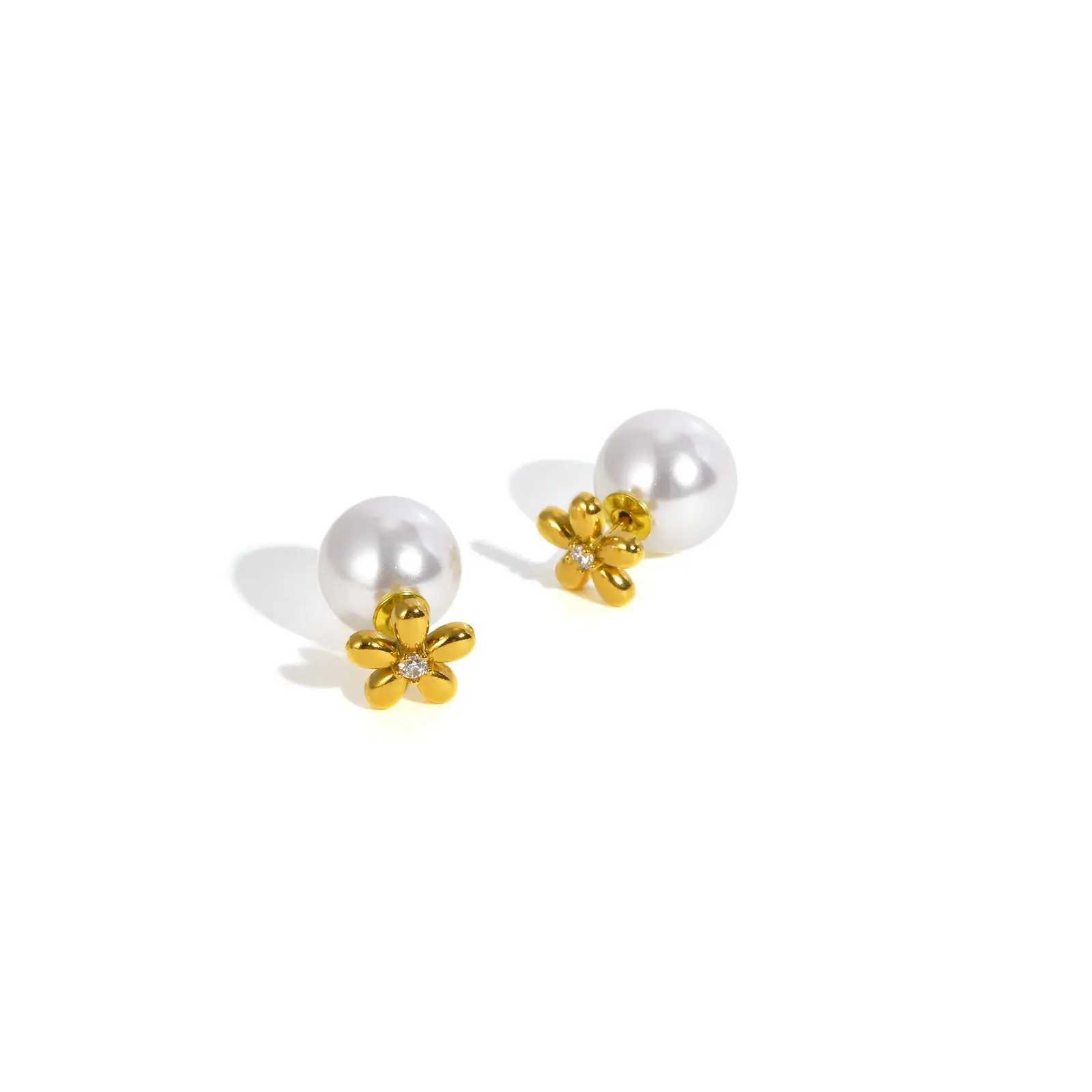 Zircon Flower Imitation Pearl Earrings for Women Stainless Steel Gold Plated Stud Earrings Fashion Waterproof Daily Jewelry C251103