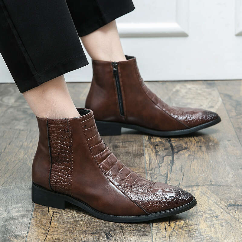 Large size shoes for men, Martin short with zipper covers, leg shoes, men's high top crocodile patterned leather boots