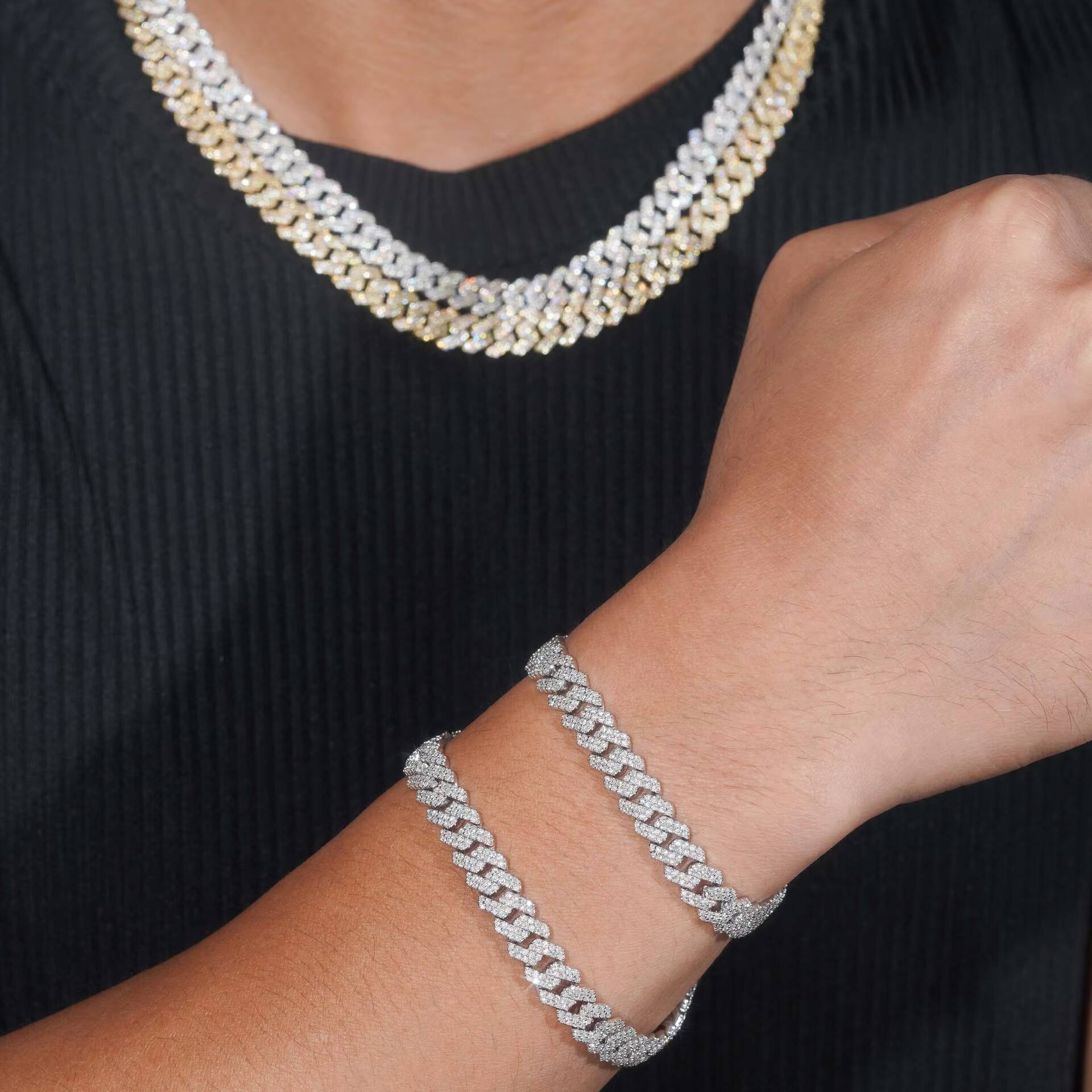 Hiphop Cuban Necklace Fashion Bracelet 925 Silver Moissanite DoubleRow Stone CrossBorder Hot Products for Europe America