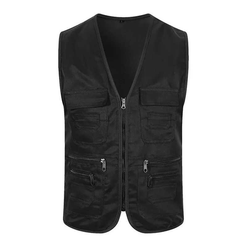 New Vest Men Casual Sleeveless Cargo Jacket Multi Pocket Waistcoat Fashion Outdoor Vest Solid Color Zipper Vests Mens Clothing X250403
