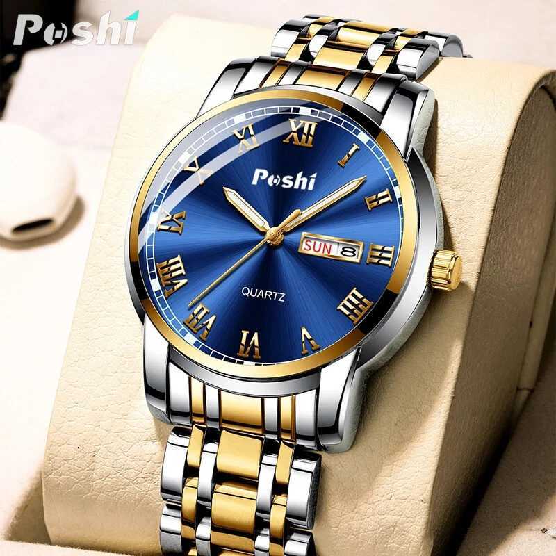 POSHI Stainless Steel Quartz Wrist Watch for Man Luxury Week Date Display Luminous Bracelet Fashion Mens Watch Original ClockW251104