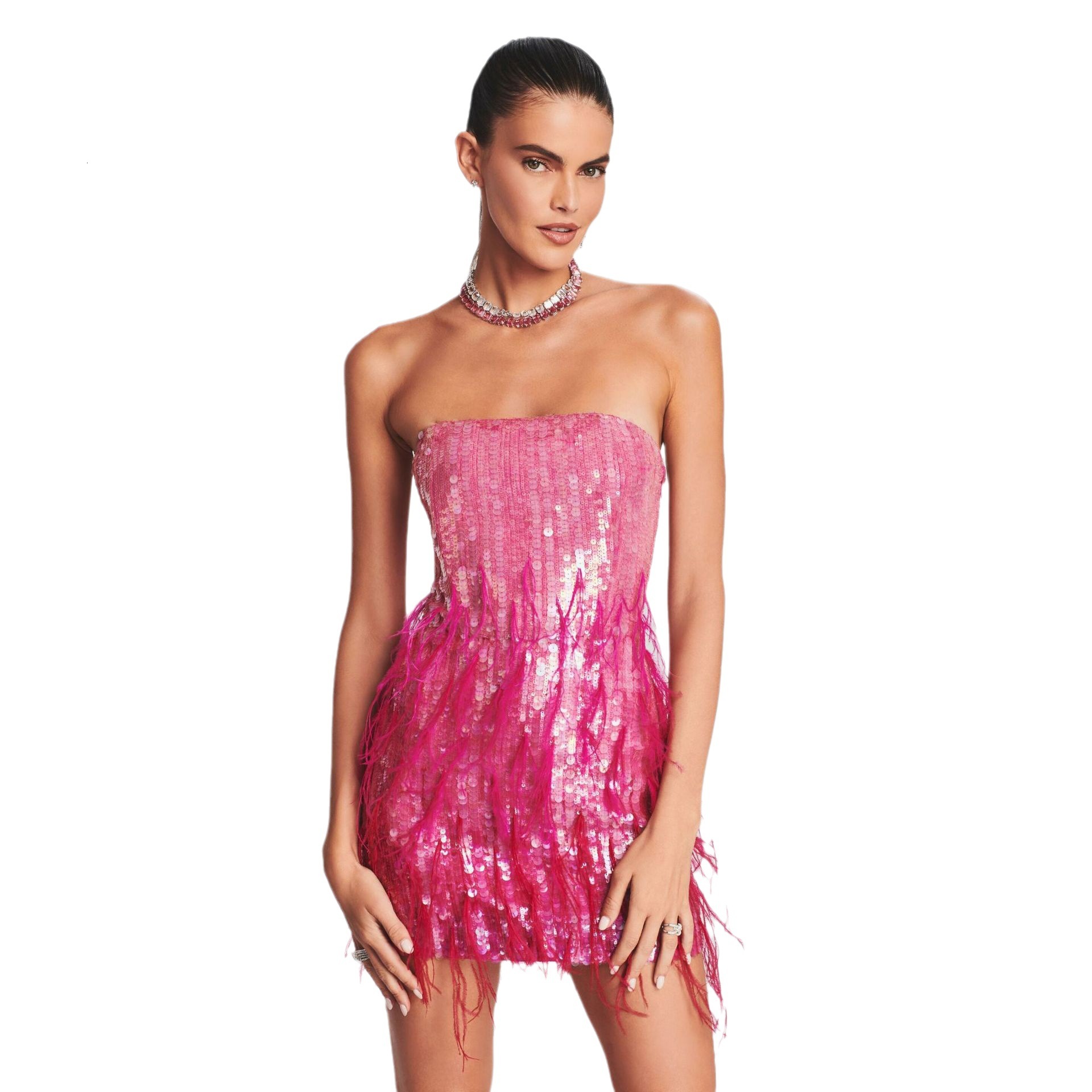 Spring/Summer New Style Mini Dress Pink Hip Wrapping with sequins Splicing Feather Backless Skirt