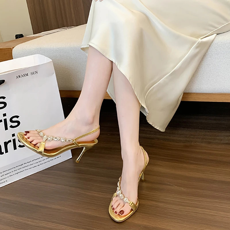 Sleek Strap High Heels Womens Spring Open Toe Rhinestone Sexy Gold Back Strap Stiletto Shoes round Toe Polyurethane Rubber 251030
