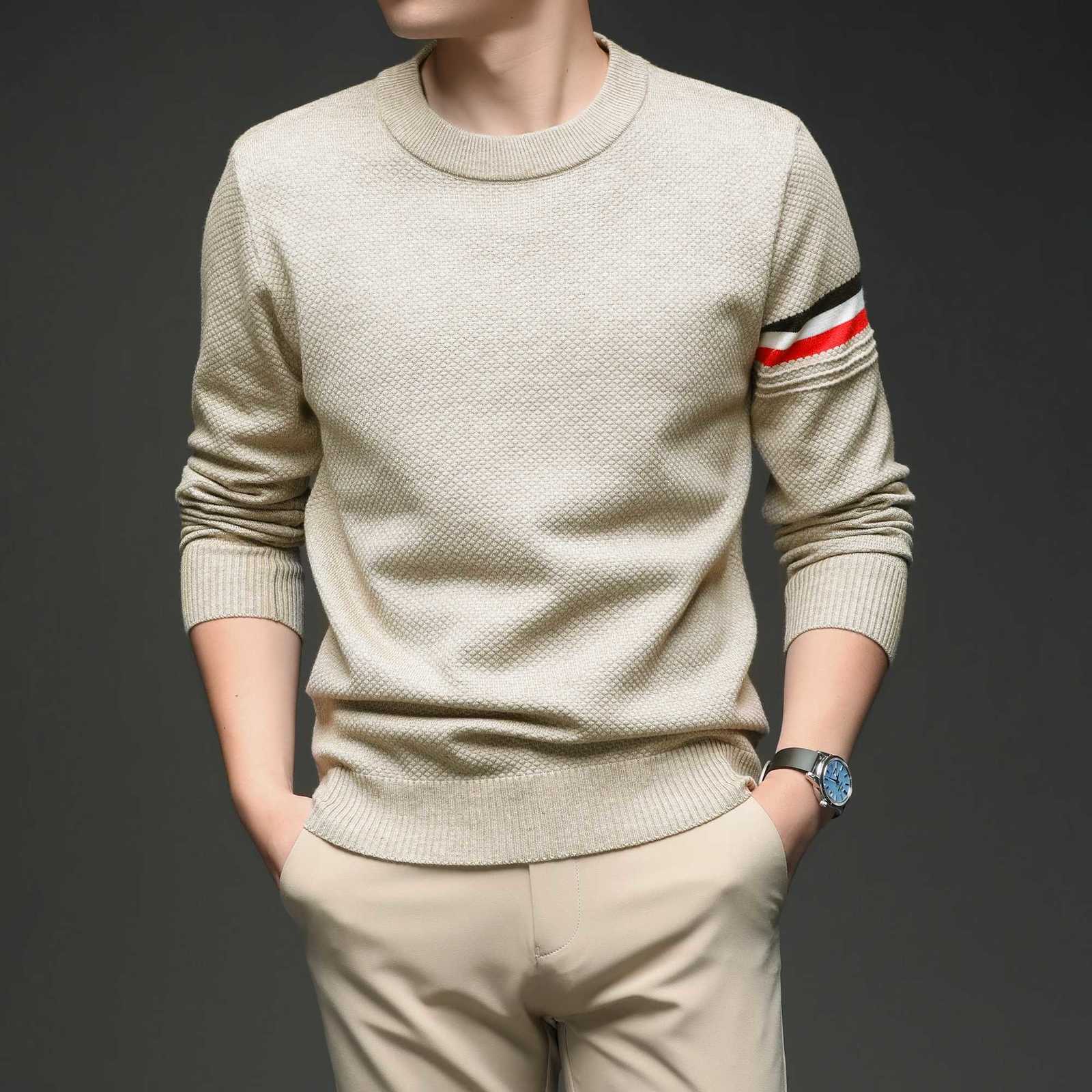 New autumn and winter striped sweater base sweater mens Korean round neck pullover sweatshirt casual knit sweaterT251103