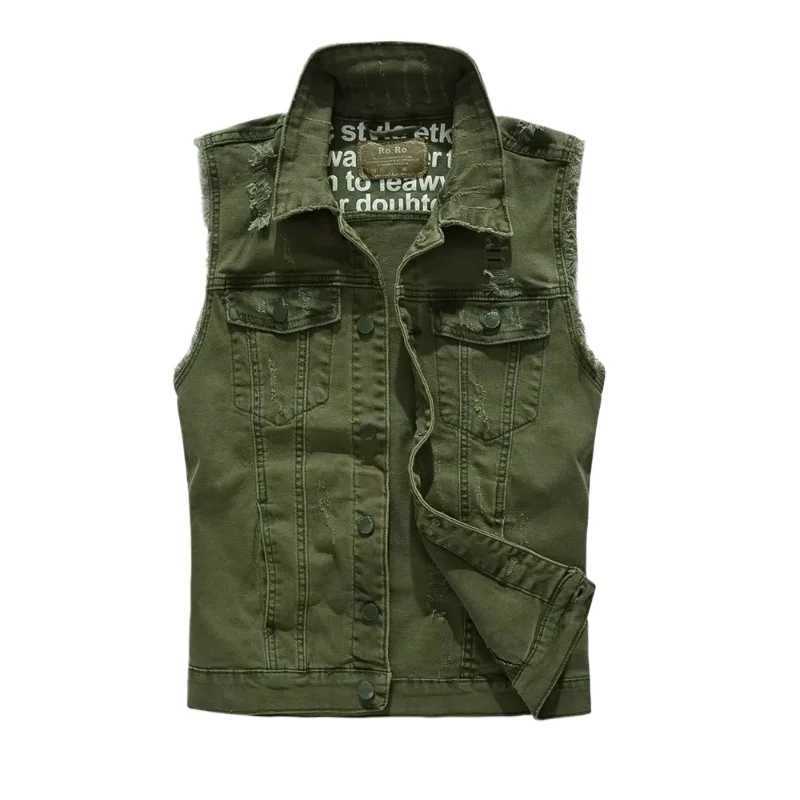 New Summer Men Light Blue Denim Vests Jackets Fashion Male Denim Waistcoats Vests Man Cotton Streetwear Holes Jeans Vests 5XL X250403