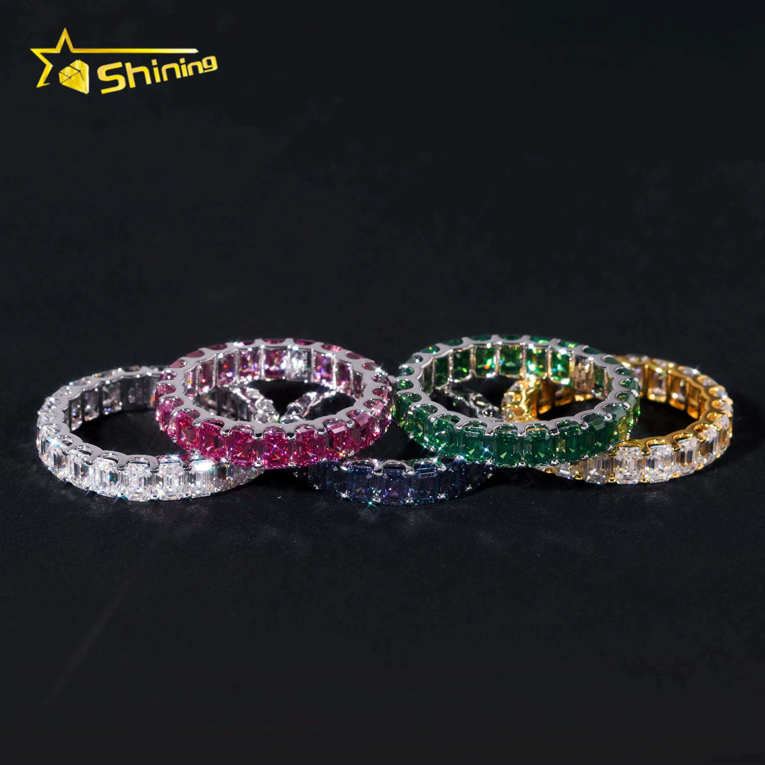 S925 Silver Emerald Cut VVS D Color Eternity Colored Moissanite Diamond Fine Jewelry Enterity Wedding Ring for Men Women