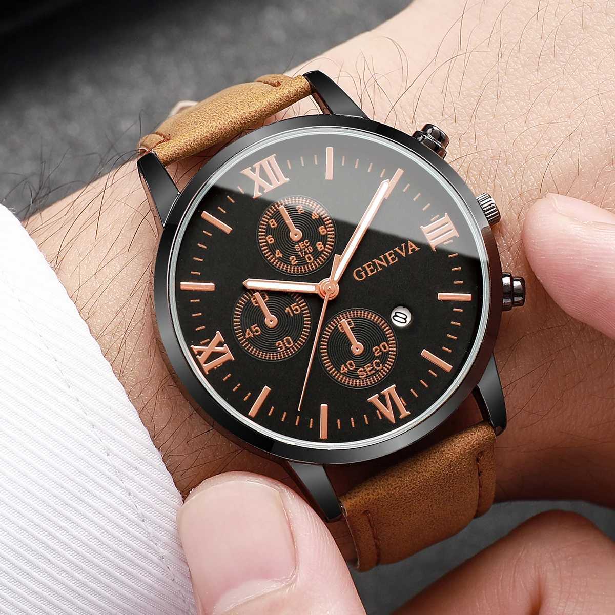 1/2PCs Mens Casual Calendar Watch Fashionable Mens Temperament Leather Quartz Watch Unisex Watch SetBox Not IncludedW251104