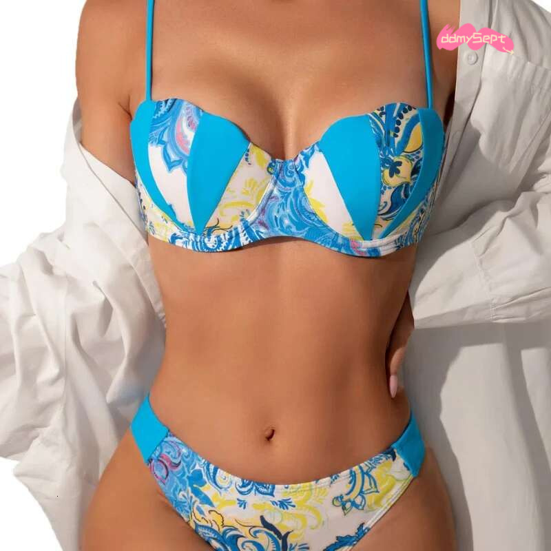 Bikini Fashionable Sexual Feeg Split Hard Cup Steel Pillow Print Two-Piece Swimsuit ddmySept