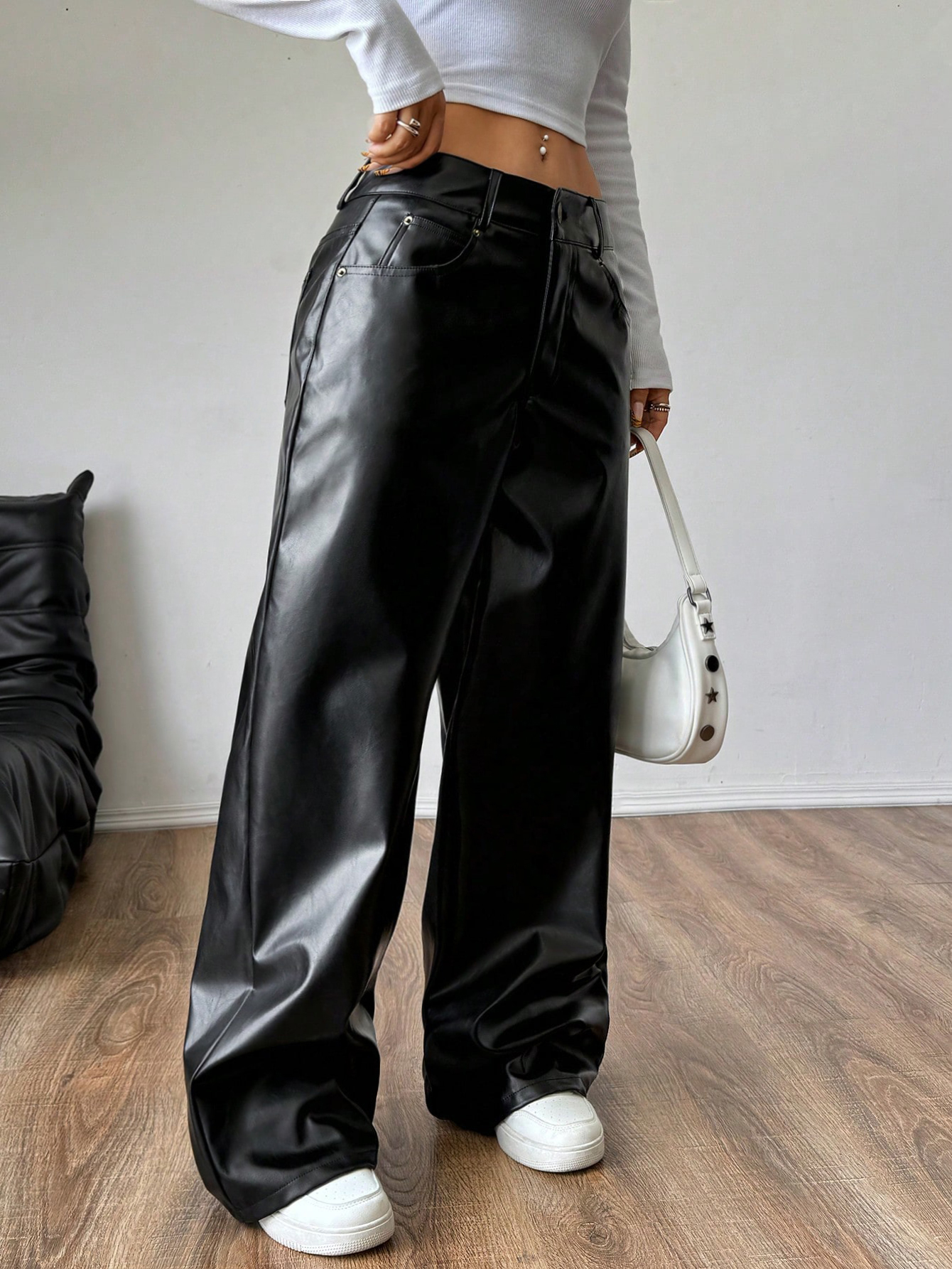 Trendsetting Black PU Leather Ladies' Stride Jeans for a Modern Look Available Sizing from Extra Small to Double X-Large-104