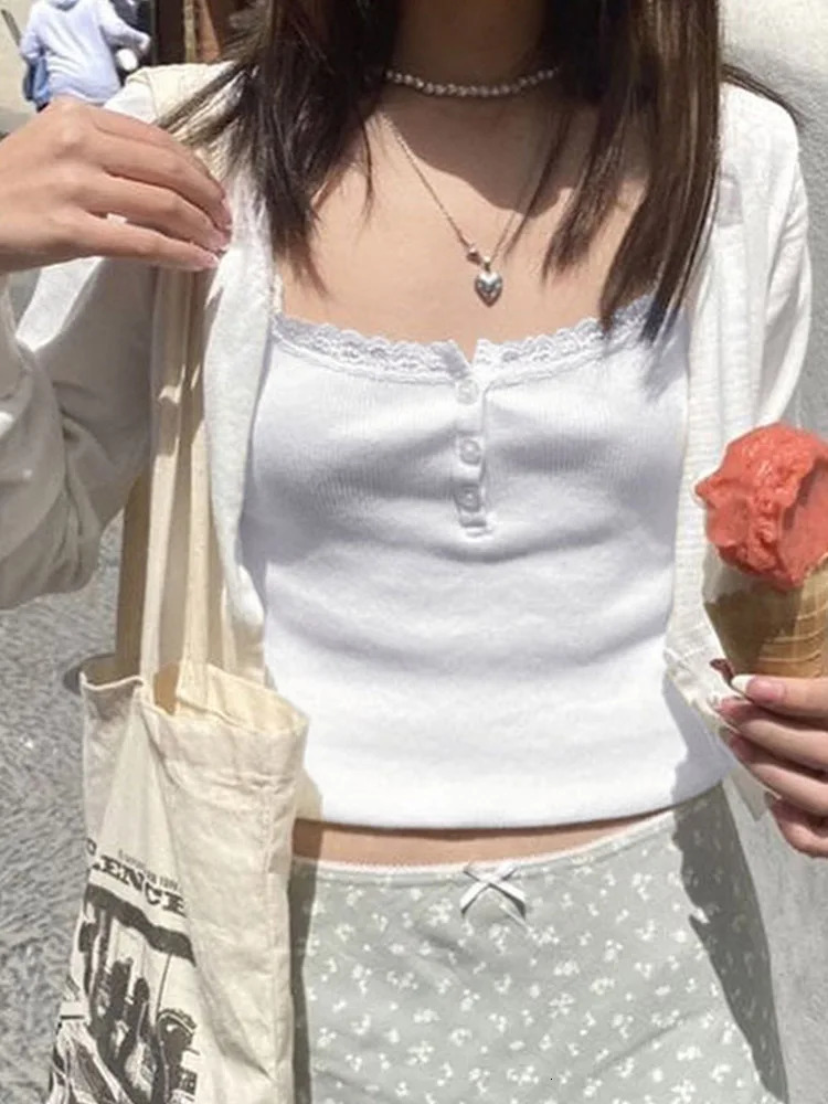 Womens lace decorated cami top sleeveless spaghetti strap slim fit vest crop button strapless 250403e