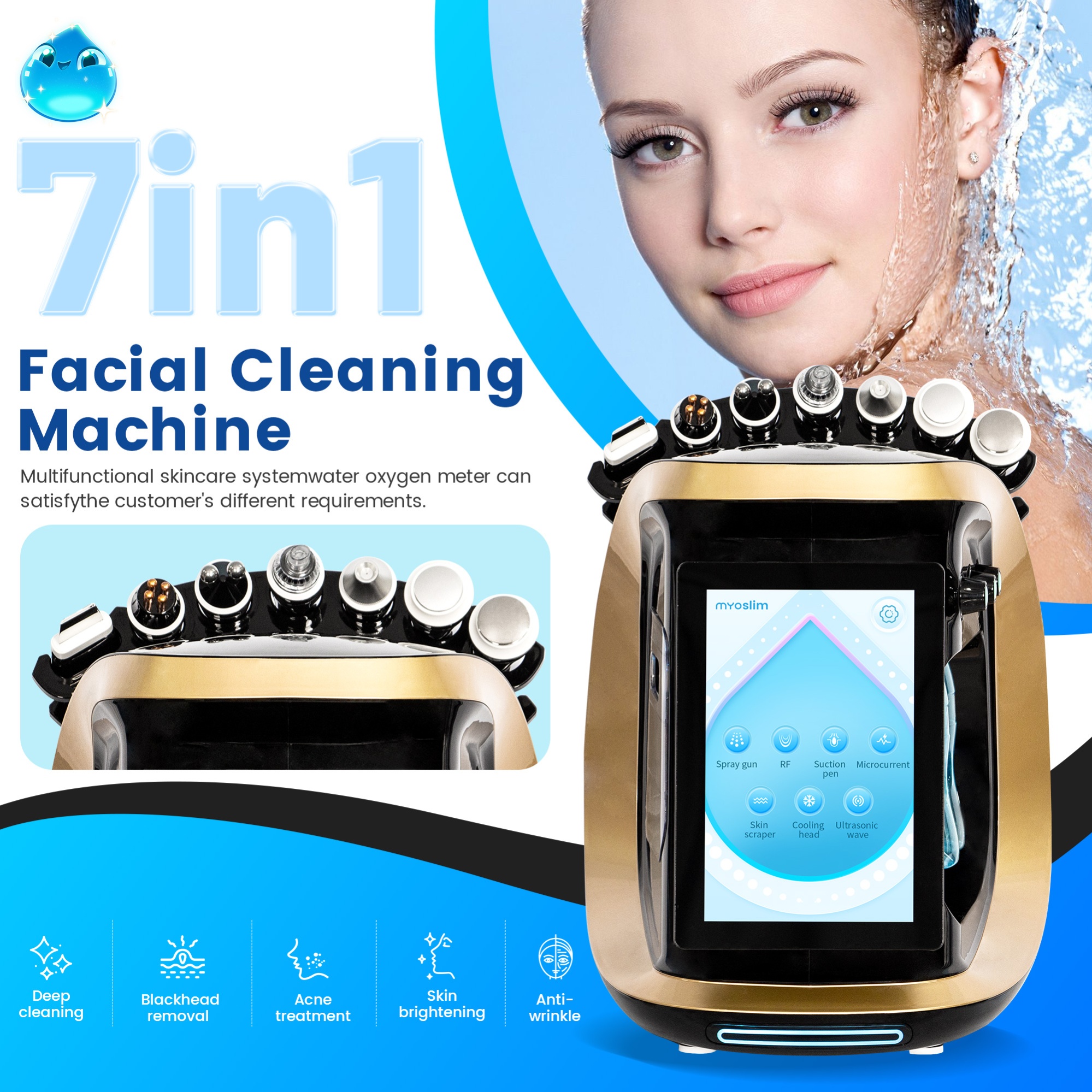 7 in 1 Oxygen Facial Machine Bubble Jet Peel Hydro Dermabrasion RF Skin Rejuvenation Beauty Spa Equipment
