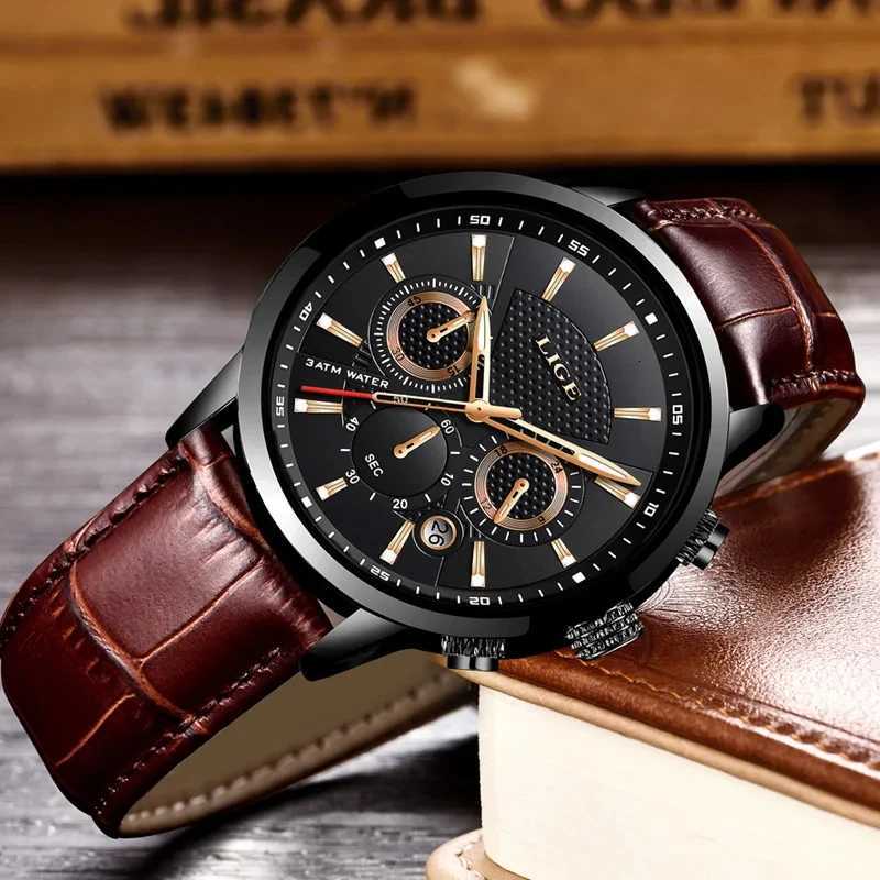 LIGE Mens Watches Luxury Waterproof Military Sport Man Watch Chronograph Genuine Leather Men Quartz Wristwatch Relogio MasculinoW251104
