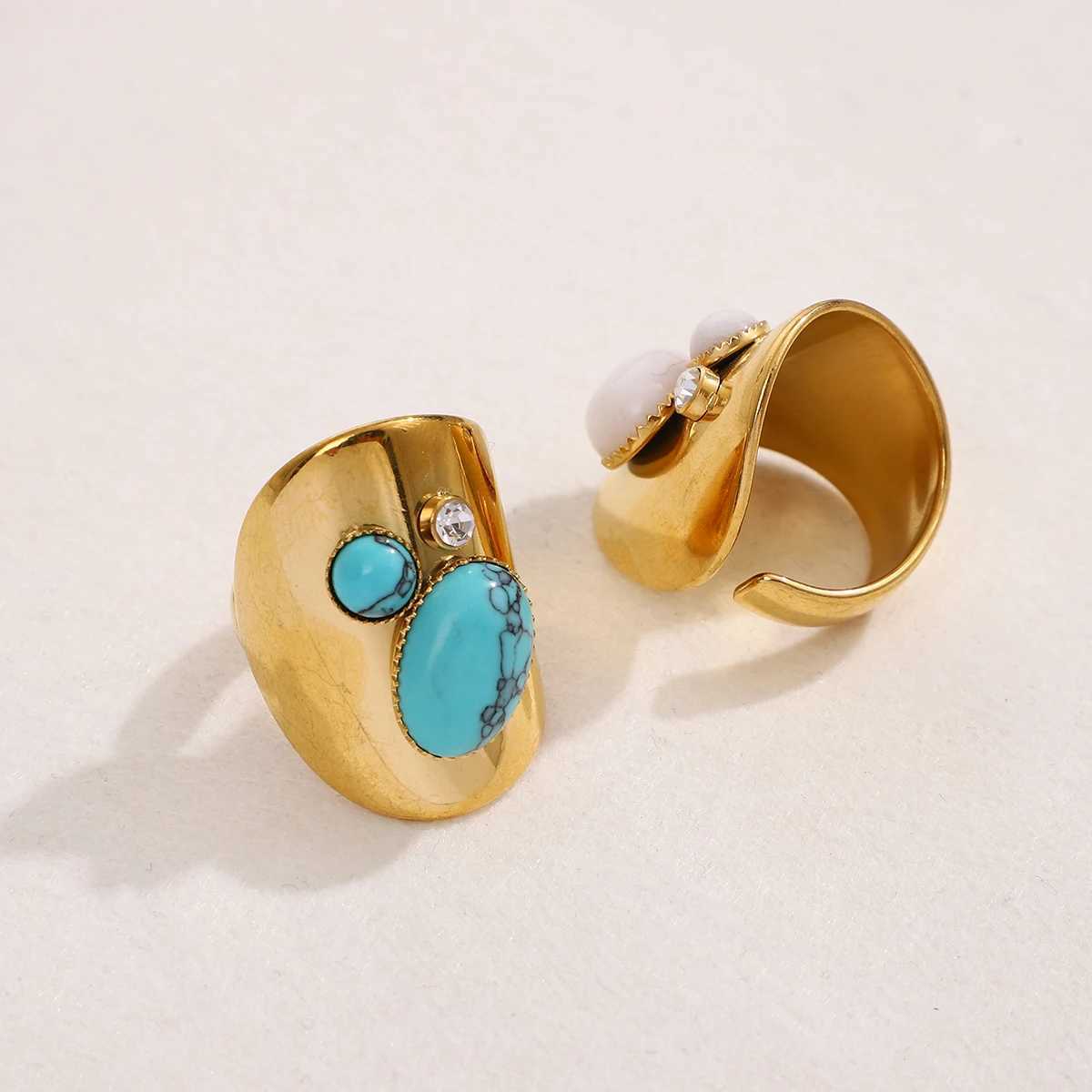 Retro Wide Stainless Steel Rings For Women Girls Vintage Boho Natural Stones Zircon Adjustable Wedding Engagement Ring Jewelry C251103