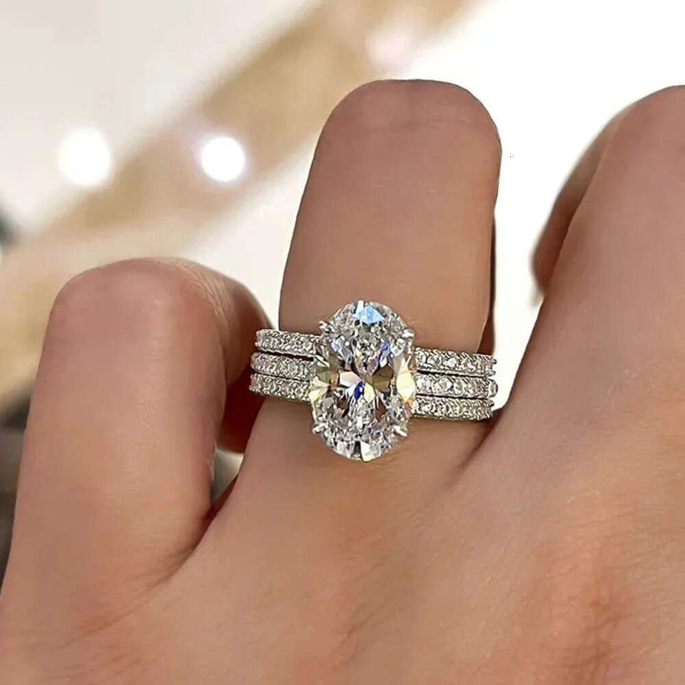 3PCS Wedding Rings Set Stunning Gorgeous Luxury Jewelry 925 Sterling Silver Fill Oval Cut White Large 5A Cubic Zircon Party Top Sell Women Engagement Band Ring