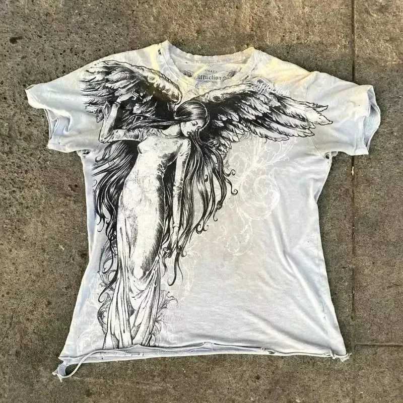 Mens T-shirts Y2K Affect Retro T-shirts Womens Streetwear Tee Gothic Skull Cross Print Fashion Graphic Mens T-shirts W250402