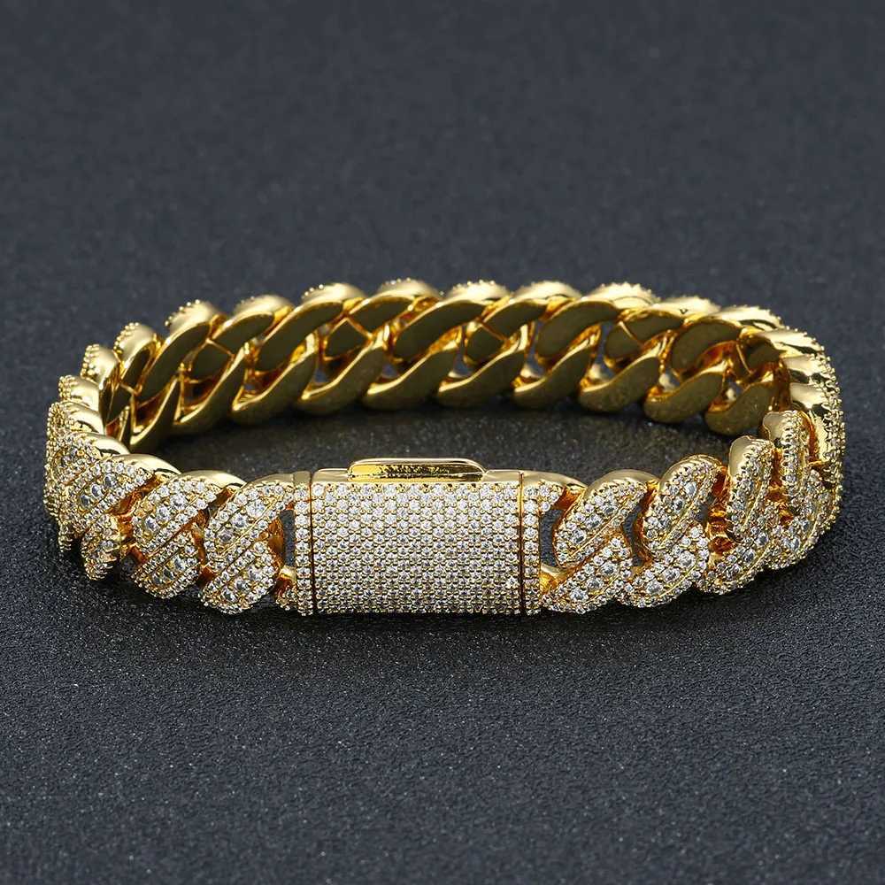 14mm Cuban Link Chain Bracelet Hip Hop Jewelry 18K Gold Plated Brass Zircon Diamond Ice Cuban Bracelet Mens Gift Y250329