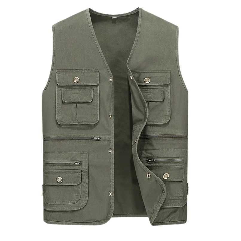 Men Outdoor Cargo Vest Multi-pockets Solid Color Fishing Vest Director Reporter Work Waistcoat Photography Casual Vest Jacket X250403