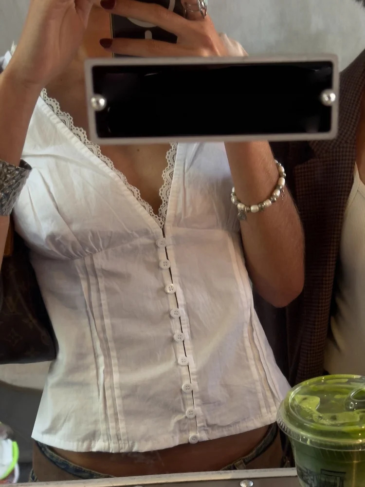 2025 sexy summer solid top fashion deep Vneck lace patch work short sleeved ultrathin womens shirt streetwear 250402m