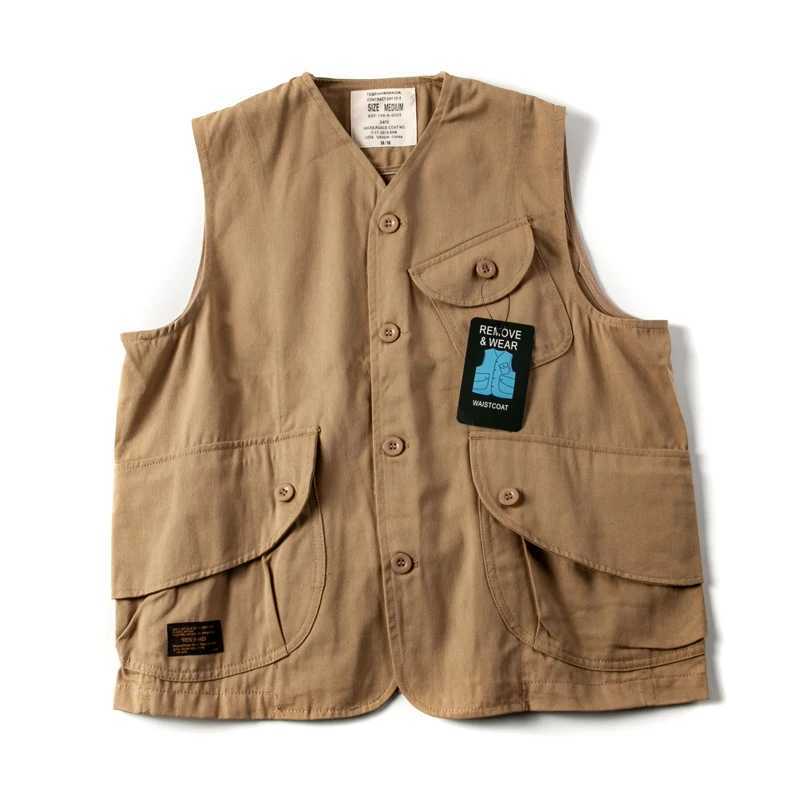 Japanese retro multi pocket workwear vest mens streetwear loose top casual camisole vintage couple jacket coats X250403