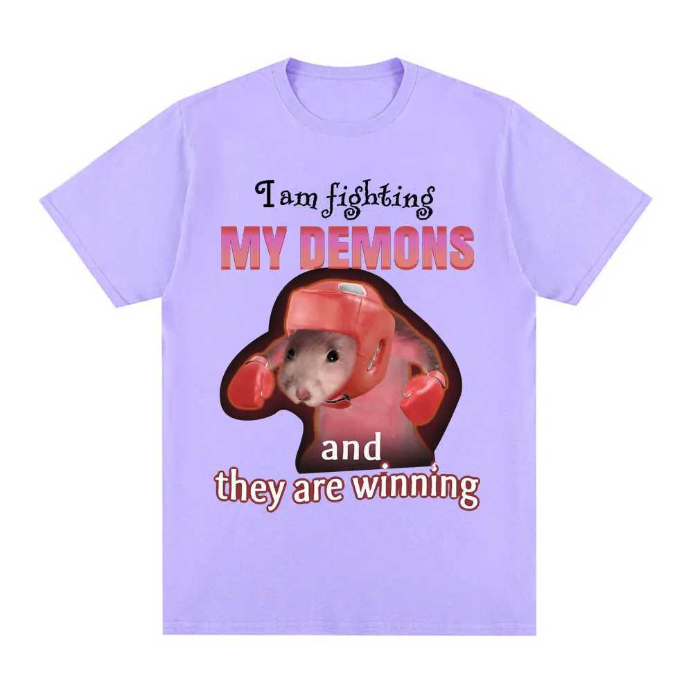 Funny I Am Fighting My Demons and The Are Winning Rat Meme T-shirt Men Fashion Creative T Shirts Short Sleeve Oversized T-shirts X250403