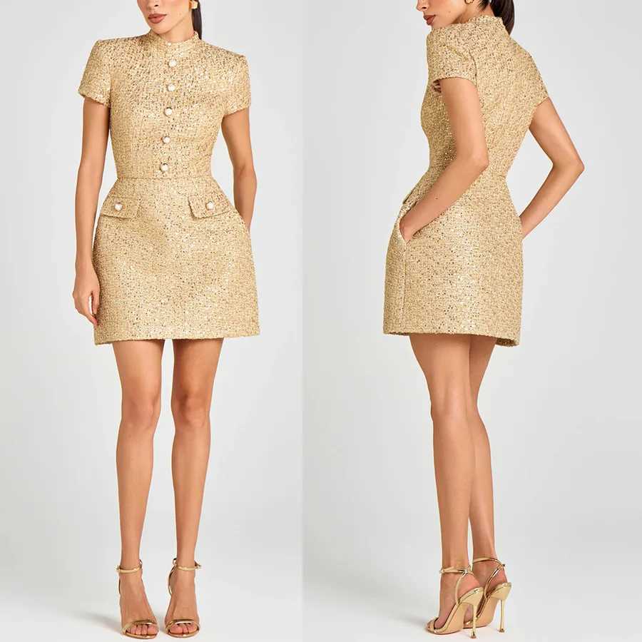 New Autumn Fashion Sexy Short Slve Standup Collar Party Solid Color Button Slim Fit Above KnMini Dress C251103