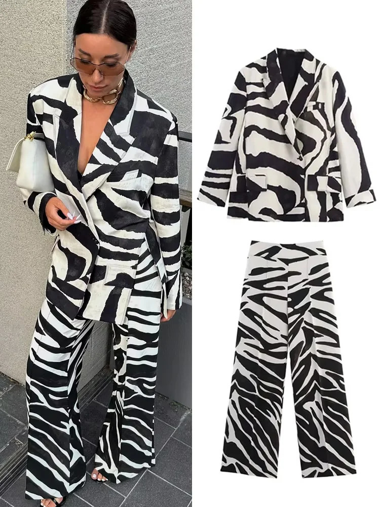 HH Women Suit Zebra Stripes Pocket Single Deduction Decorate TurnDown Collar Blazer JacketZipper Casual WideLeg Pants251027
